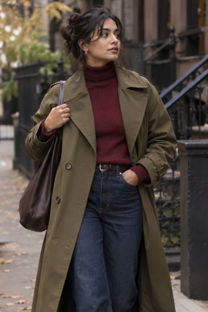 Olive Trench + Burgundy Turtleneck + Dark Denim