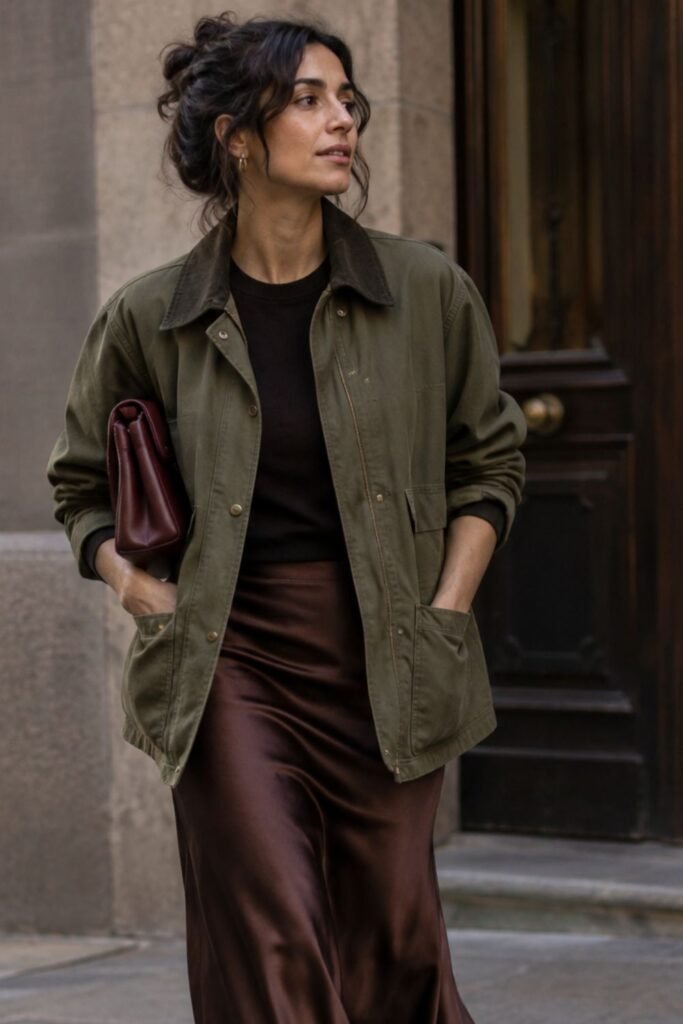 Olive Utility Jacket + Chocolate Satin Skirt