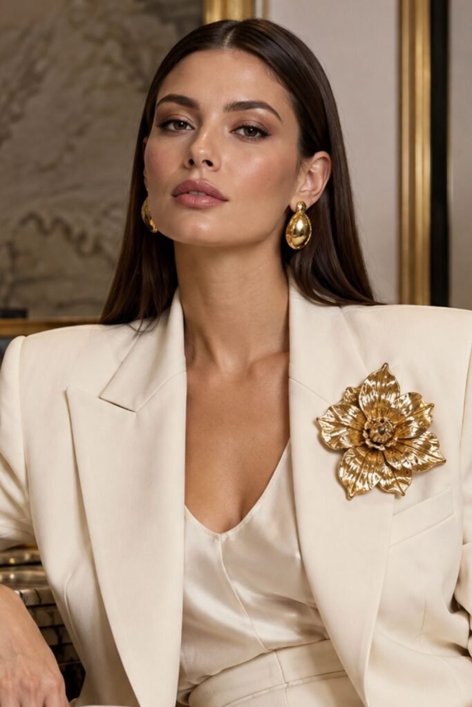 Oversized Gold Brooch on an ’80s Power Suit