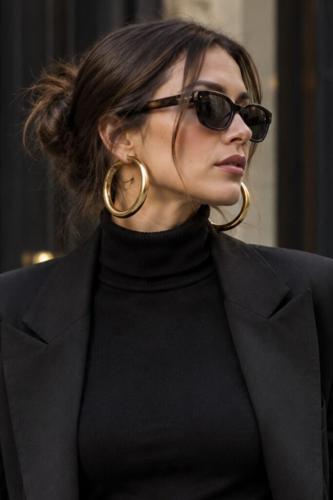 Woman wearing oversized chunky gold hoop earrings with a black turtleneck
