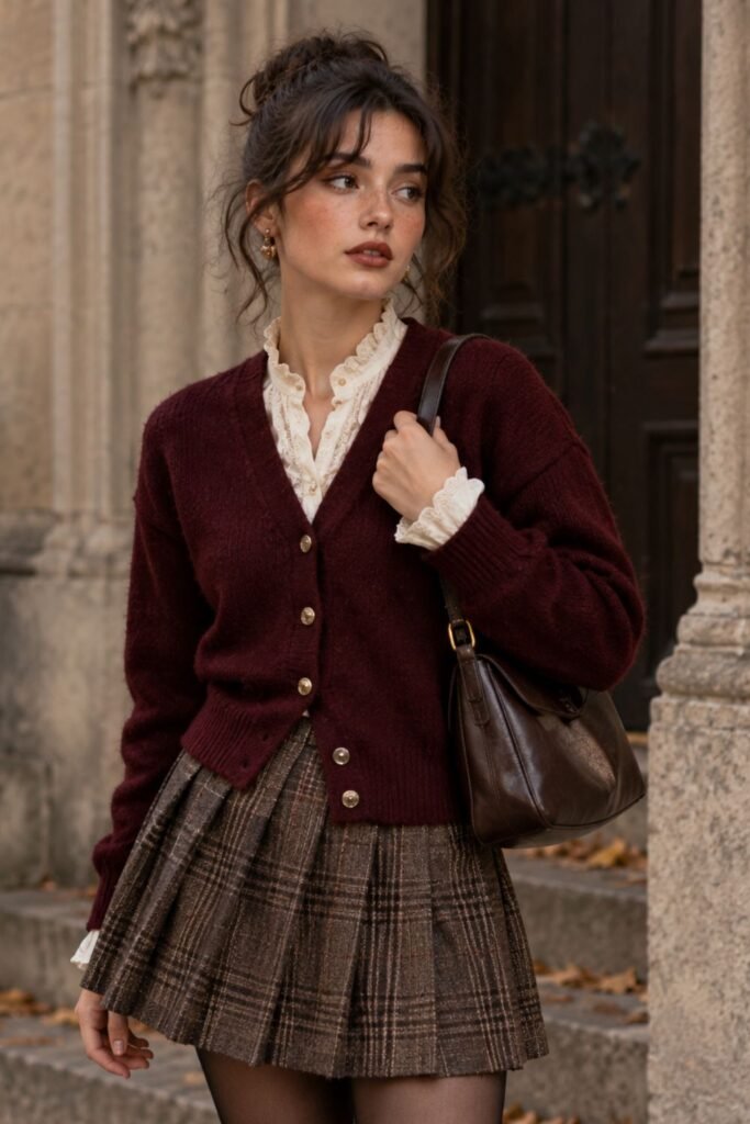 Oxblood Cardigan + Pleated Skirt