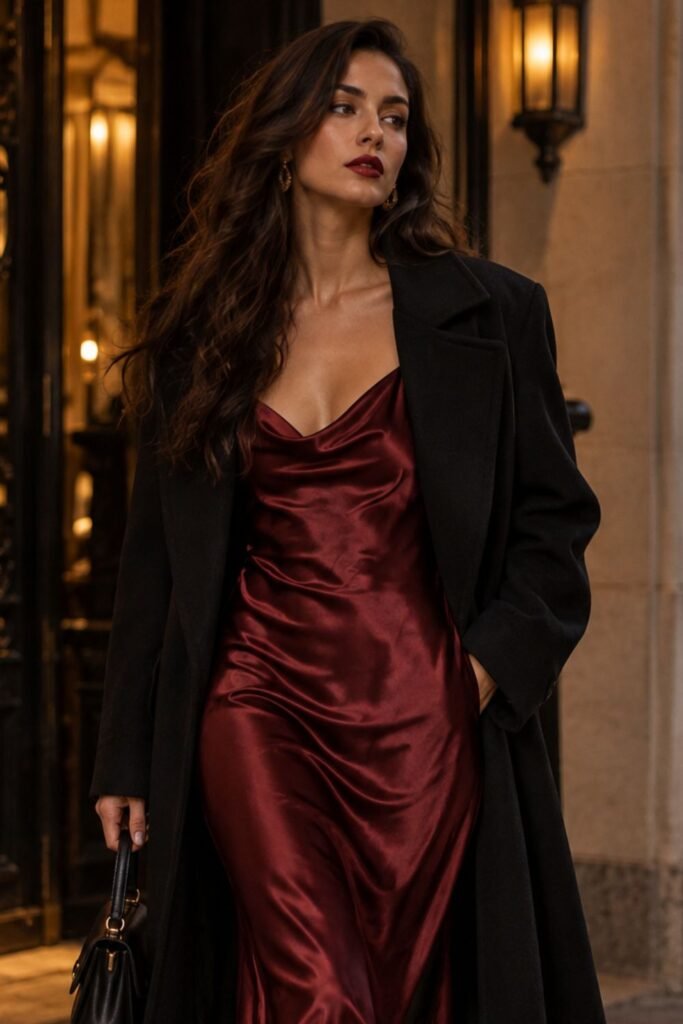 Oxblood Satin Slip + Long Black Coat