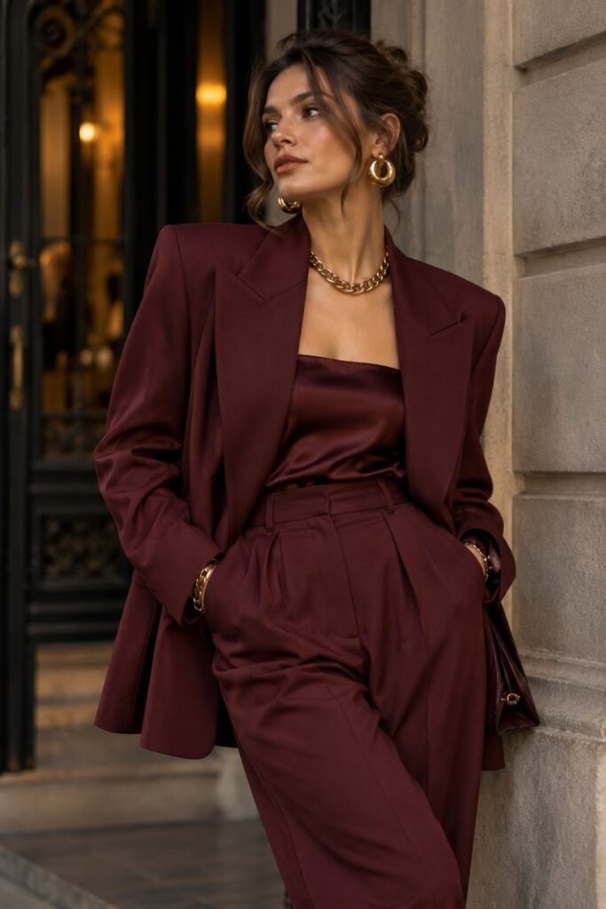 Oxblood Suit + Gold Jewelry