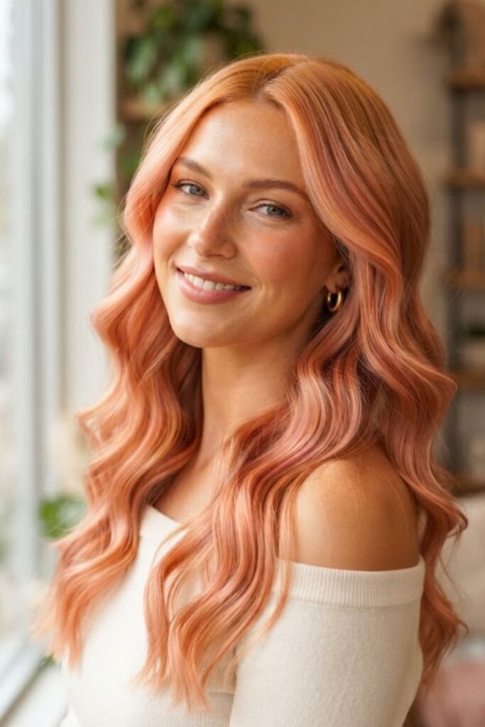 Peach rose gold hair in loose waves