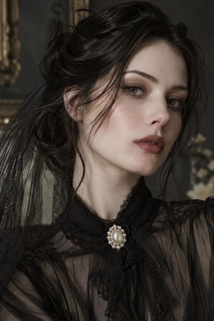 Pearl Brooch on a Sheer Black Blouse (1)