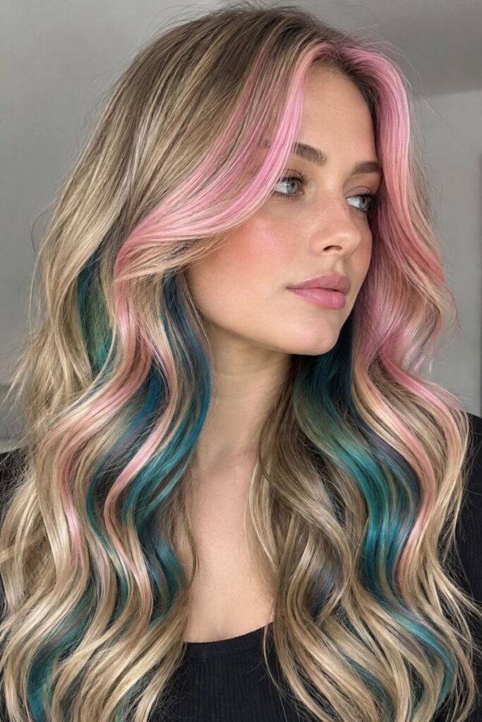 Wavy blonde hair with a pink halo highlight and teal ribbons underneath