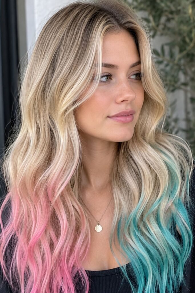 Grown-out champagne blonde hair with pink and teal dyed ends