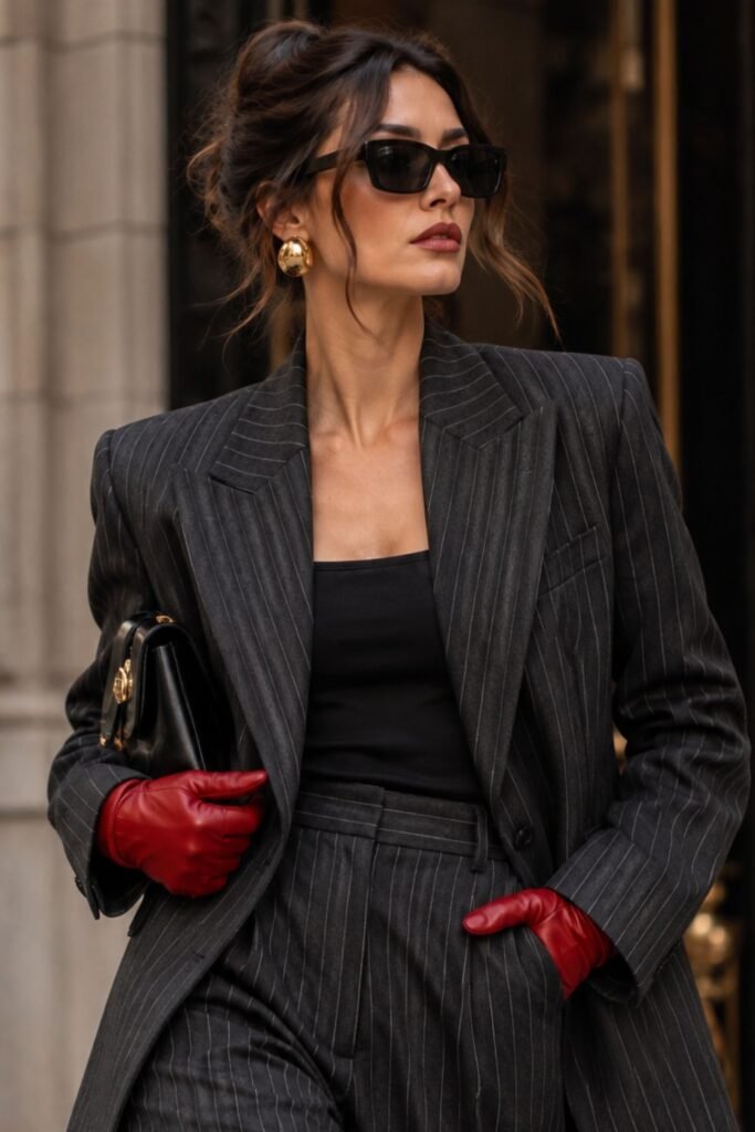 Pinstripe Power Suit + Red Gloves