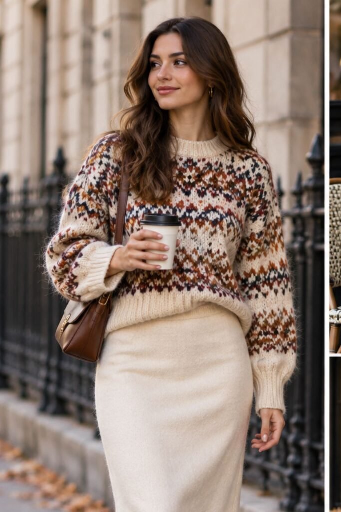 Woman in a playful patterned knit sweater and a plain column skirt