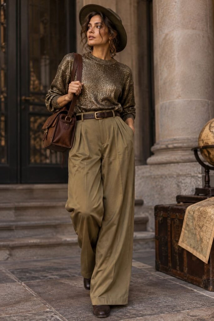 Pleated Khaki Trousers + Metallic Knit