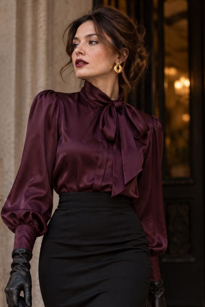 Plum Blouse + Black Pencil Skirt + Gloves