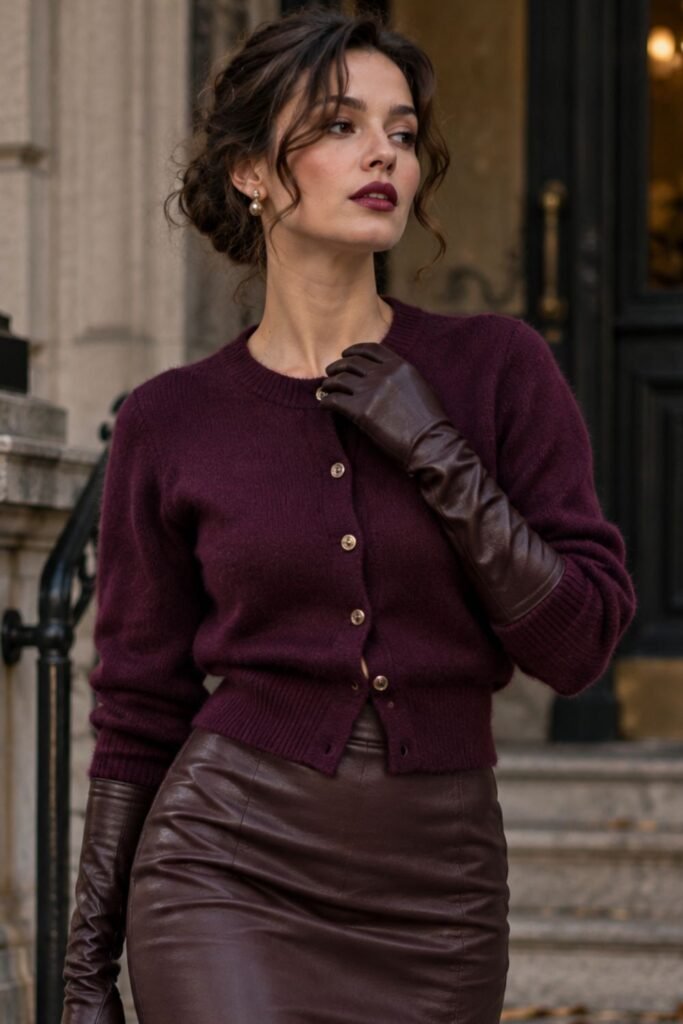 Plum Cardigan + Pencil Skirt + Gloves