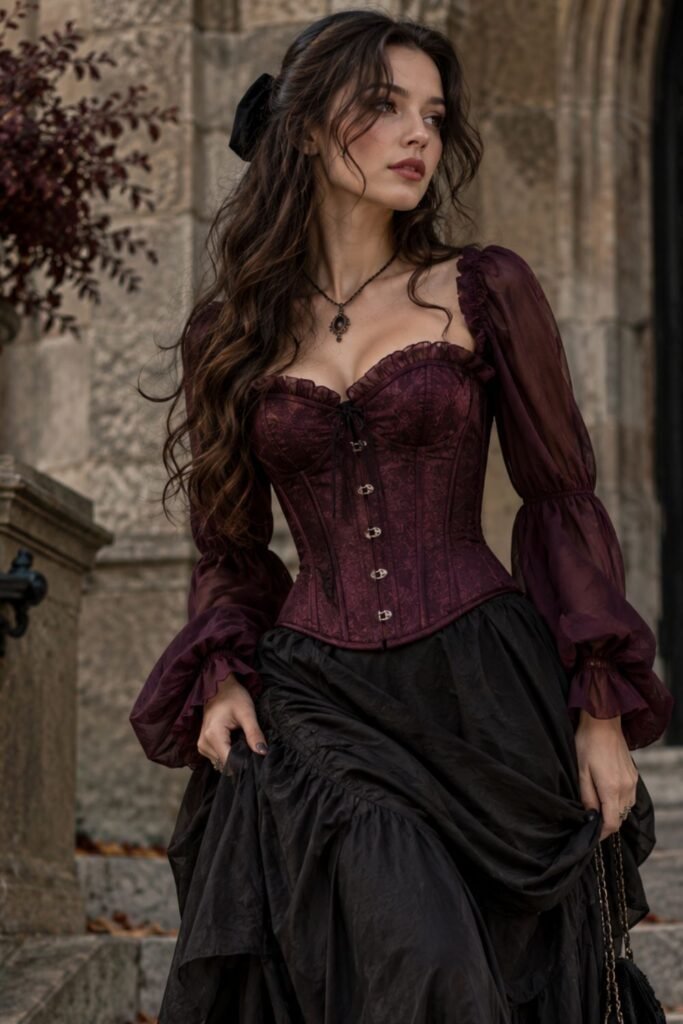 Plum Corset + Long Black Skirt