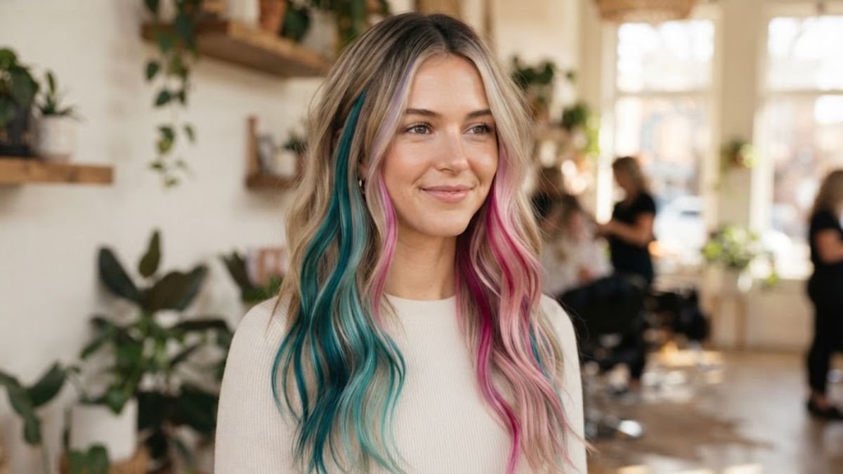Pops of Color Teal & Pink Streaks on Grown-Out Blonde