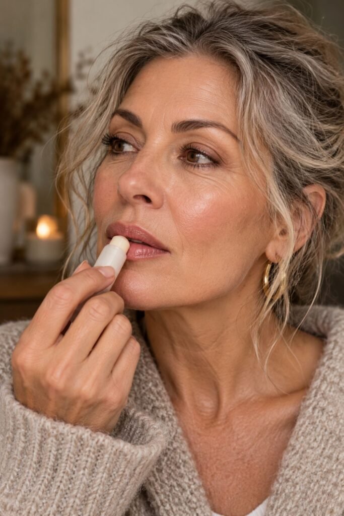 Mature woman applying clear lip balm to dry lips