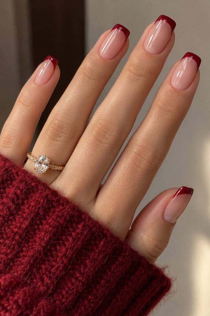 Sheer pink gel nails with a thin red jelly French tip