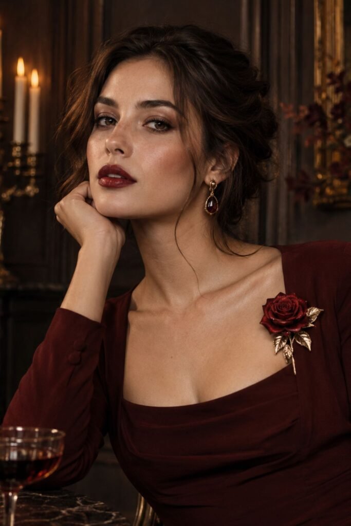 Red Rose Brooch on an Oxblood Dress