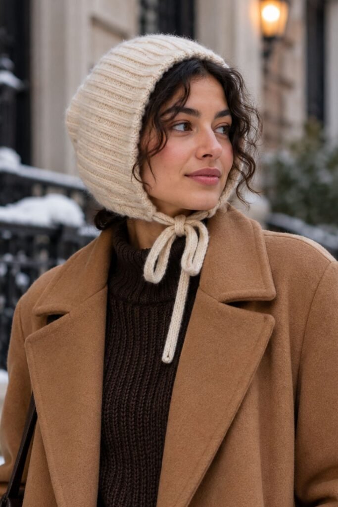Woman in a cream ribbed winter bonnet tied under the chin with a camel coat