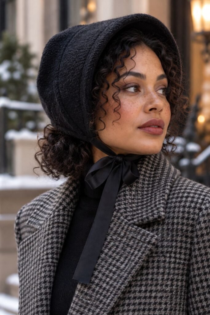 Woman in a dark ribbon-tie bonnet and a tailored houndstooth coat