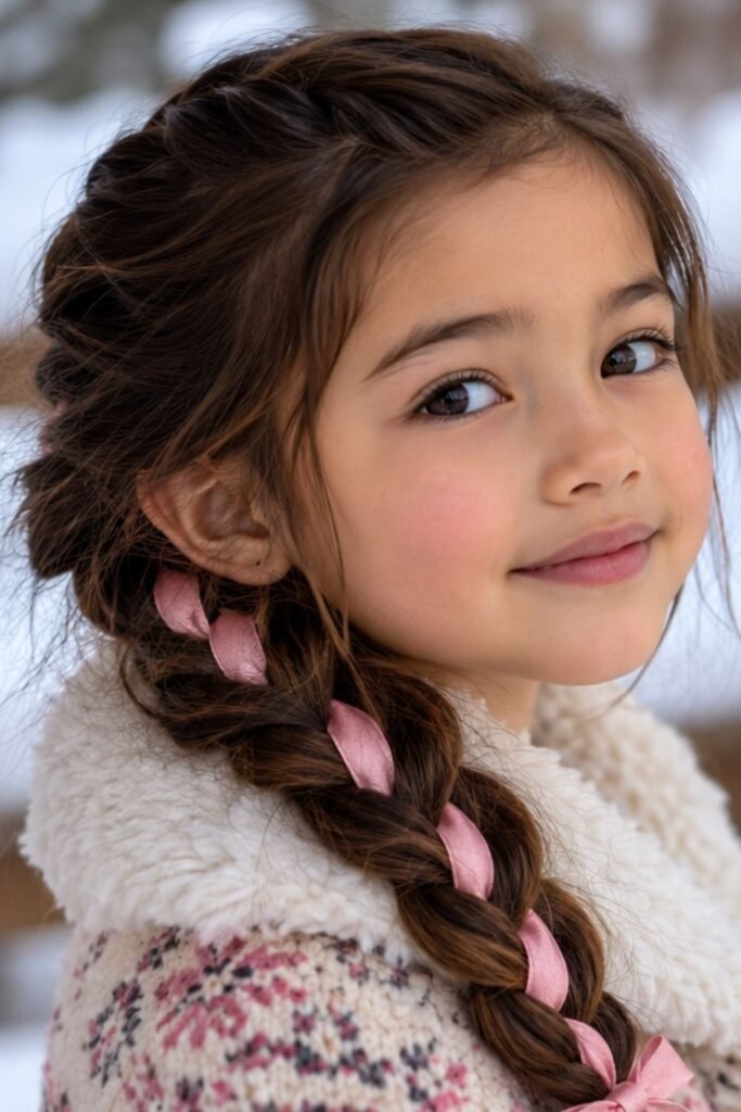 Girl with a side braid woven with a ribbon