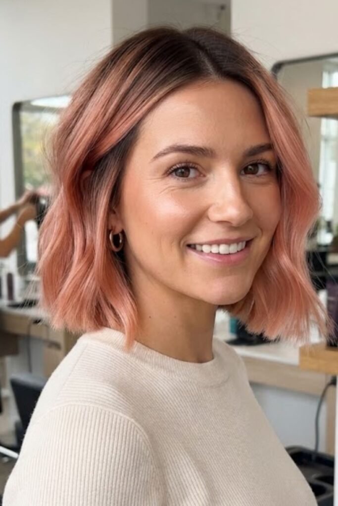 Rose gold bob with a darker rooted crown