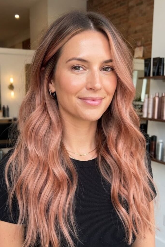 Rose gold balayage over dark blonde hair