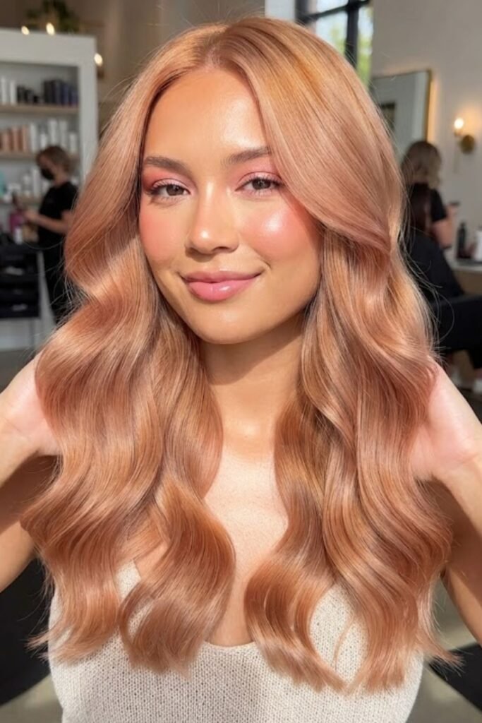 Warm blonde hair with a rose gold gloss