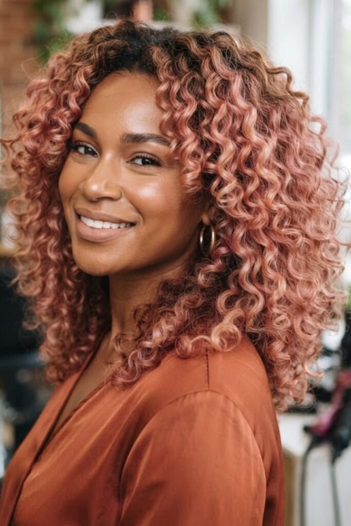 Curly hair with rose gold color