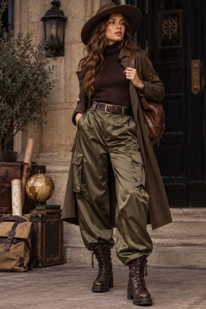 Satin Cargo Pants + Fine Turtleneck
