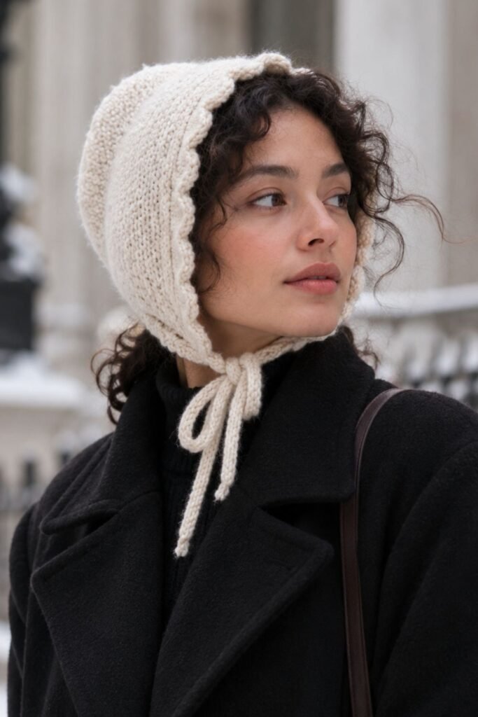 Cream scalloped knit bonnet worn with a simple black wool coat