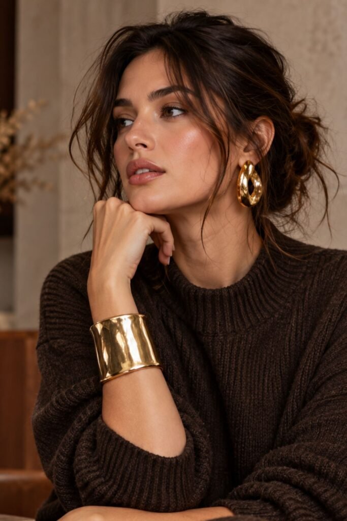 Wrist wearing a wide sculptural metal cuff bracelet