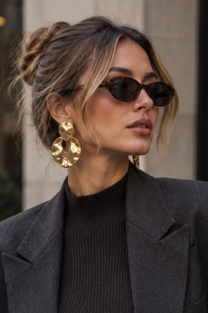 Sculptural gold statement earrings styled with a charcoal blazer