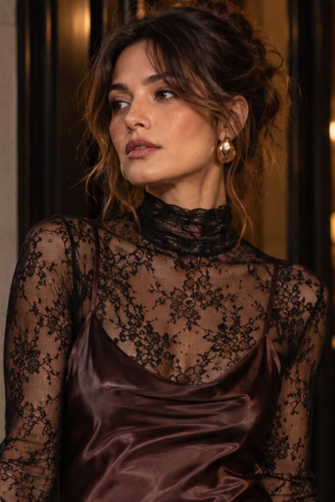 Sheer Lace Turtleneck Under a Slip Dress