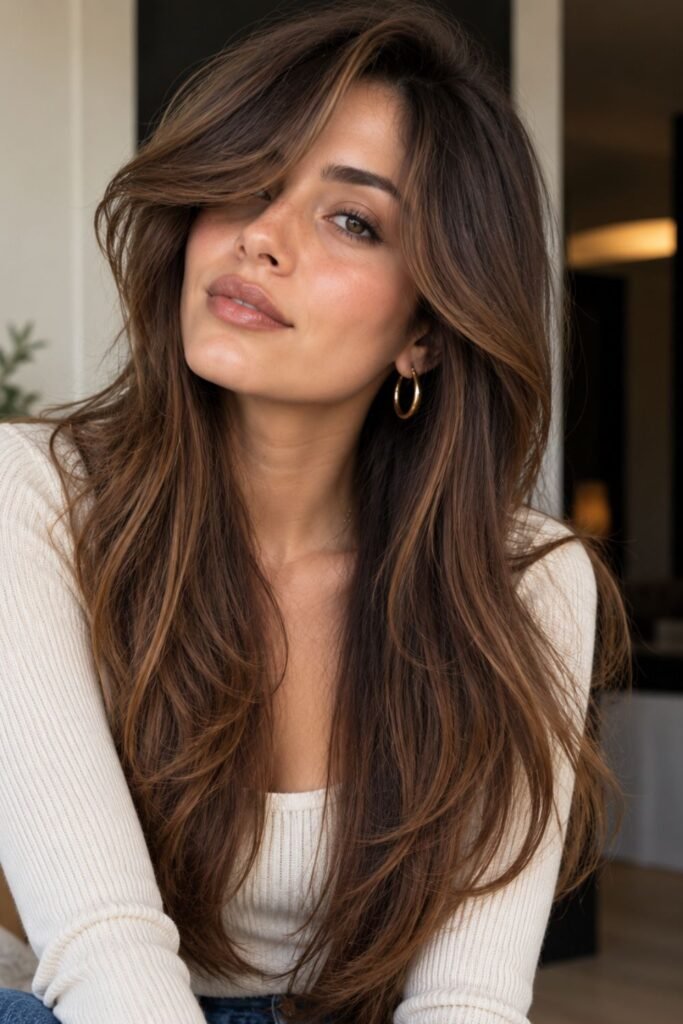Side-shifted curtain bangs on long hair
