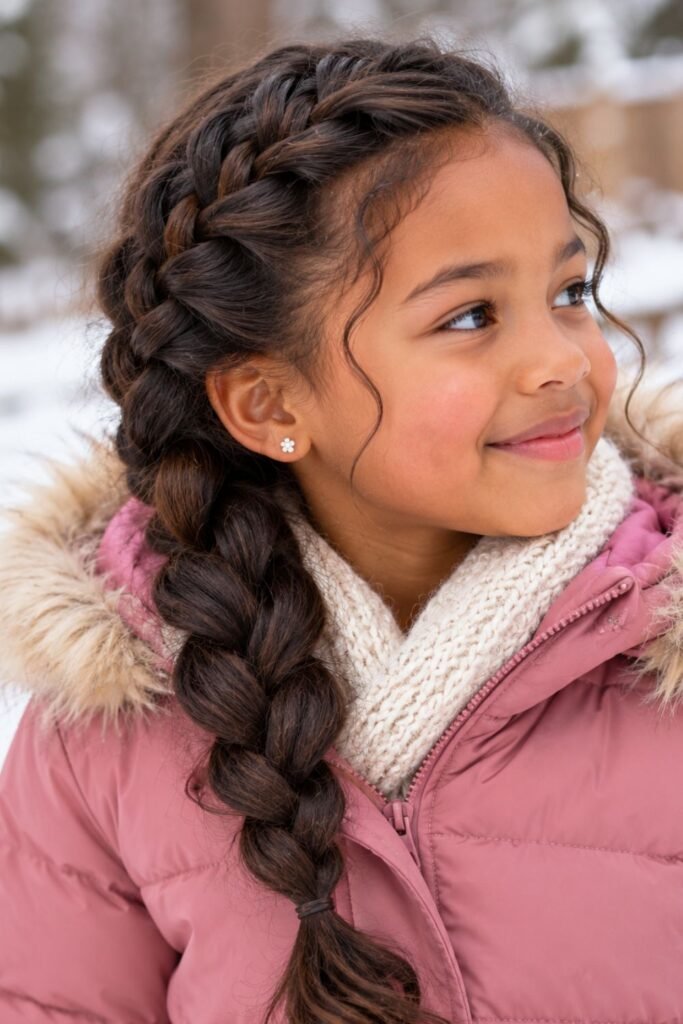 Girl with a loose side-swept French braid over one shoulder