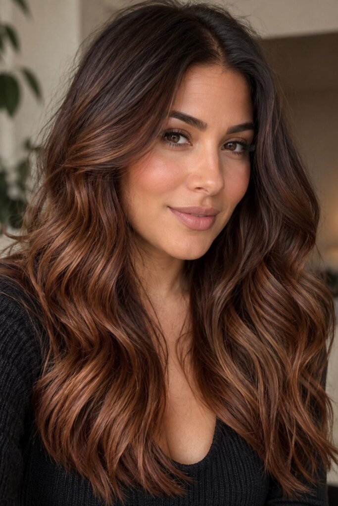 Woman with sienna copper melt on dark brunette hair