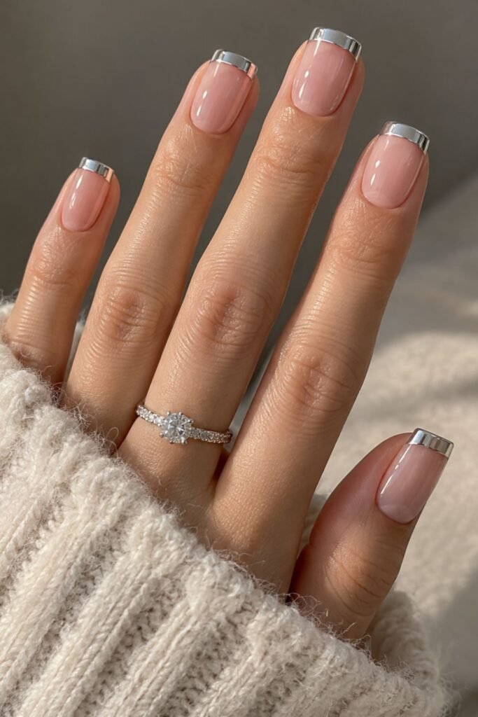 Nude gel nails with a straight silver chrome French tip