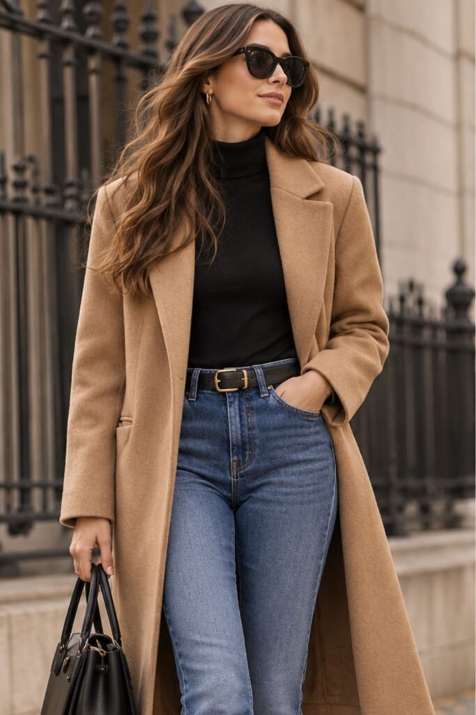 Woman in slouchy bootcut jeans and a tailored long coat
