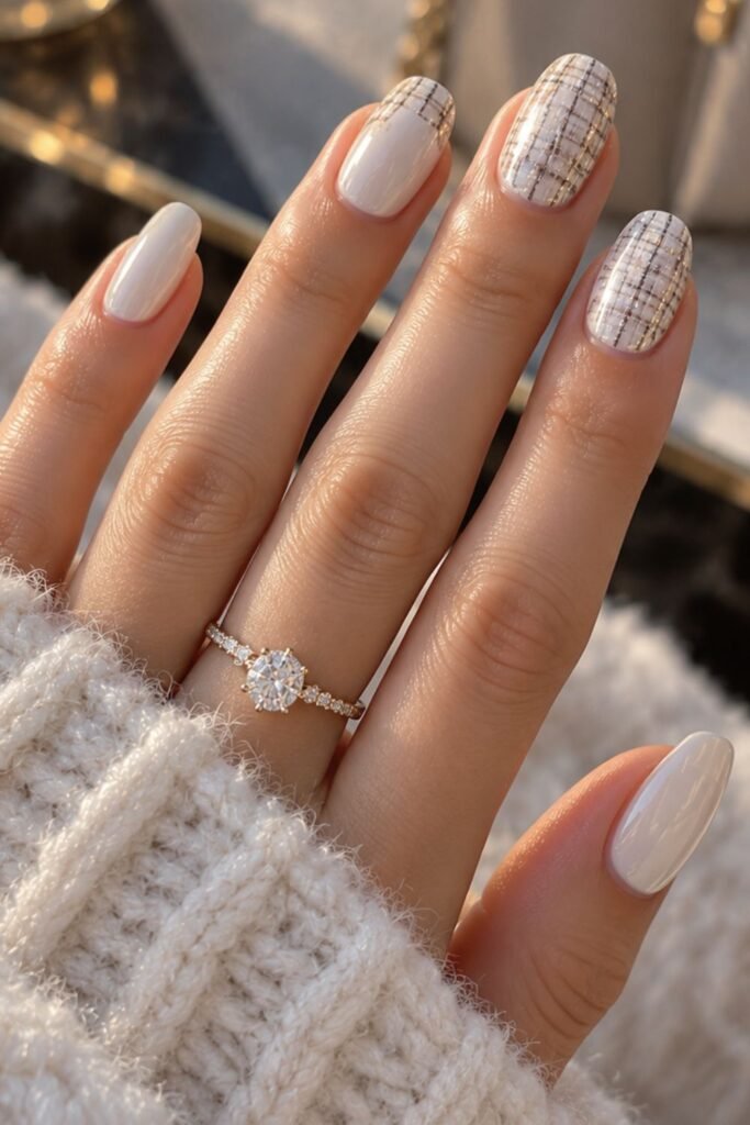 Cream gel nails with a gray and silver tweed accent pattern
