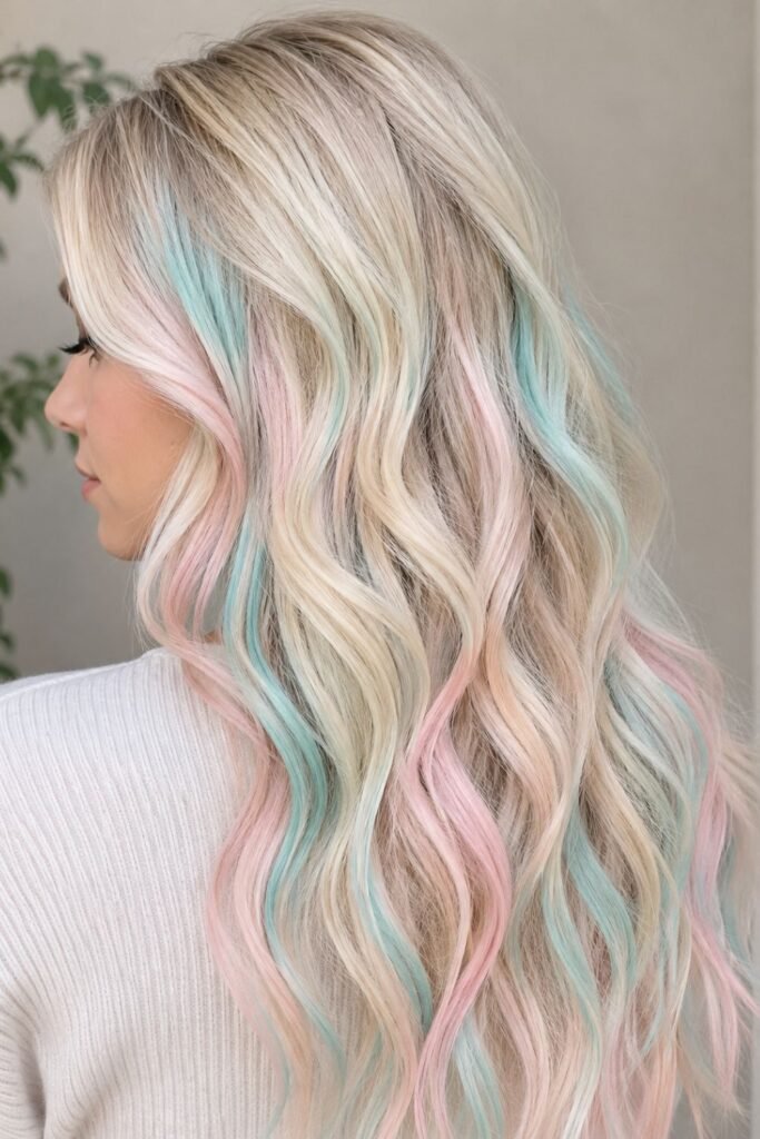 Beige blonde hair with soft pastel teal and blush pink streaks