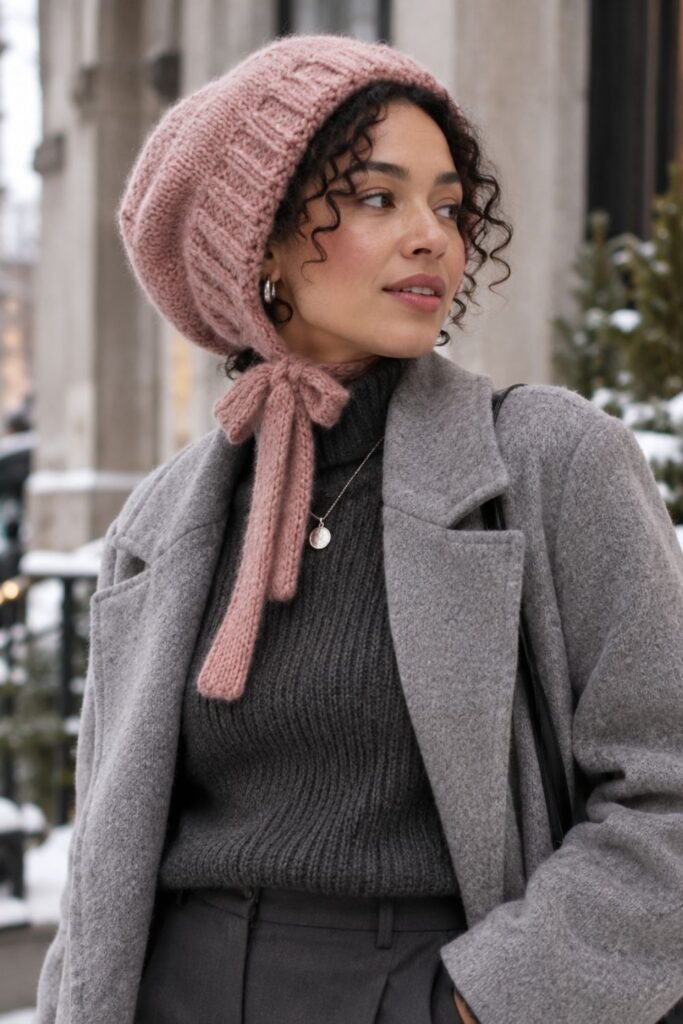 Woman in a dusty pink knit bonnet with a gray wool coat