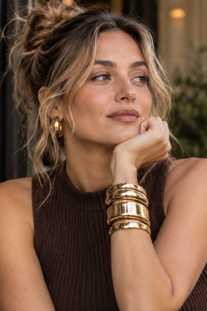 Stacked gold cuff bracelets with a sleeveless knit top