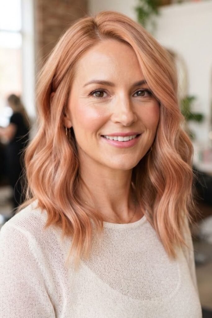 Strawberry rose gold hair with warm golden tones
