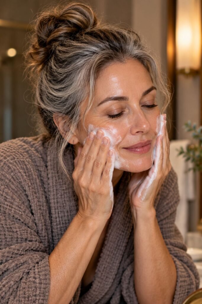 Mature woman washing her face with a gentle cream cleanser