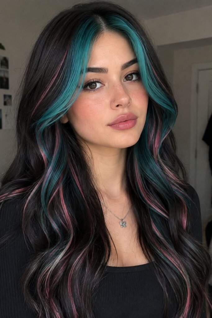 Grown-out blonde hair with a teal money piece and thin pink streaks