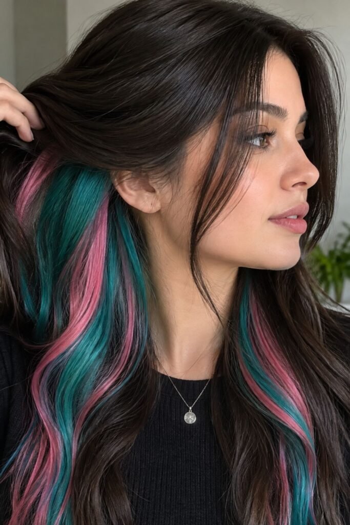 Woman with grown-out blonde hair and hidden teal and pink peekaboo ribbons