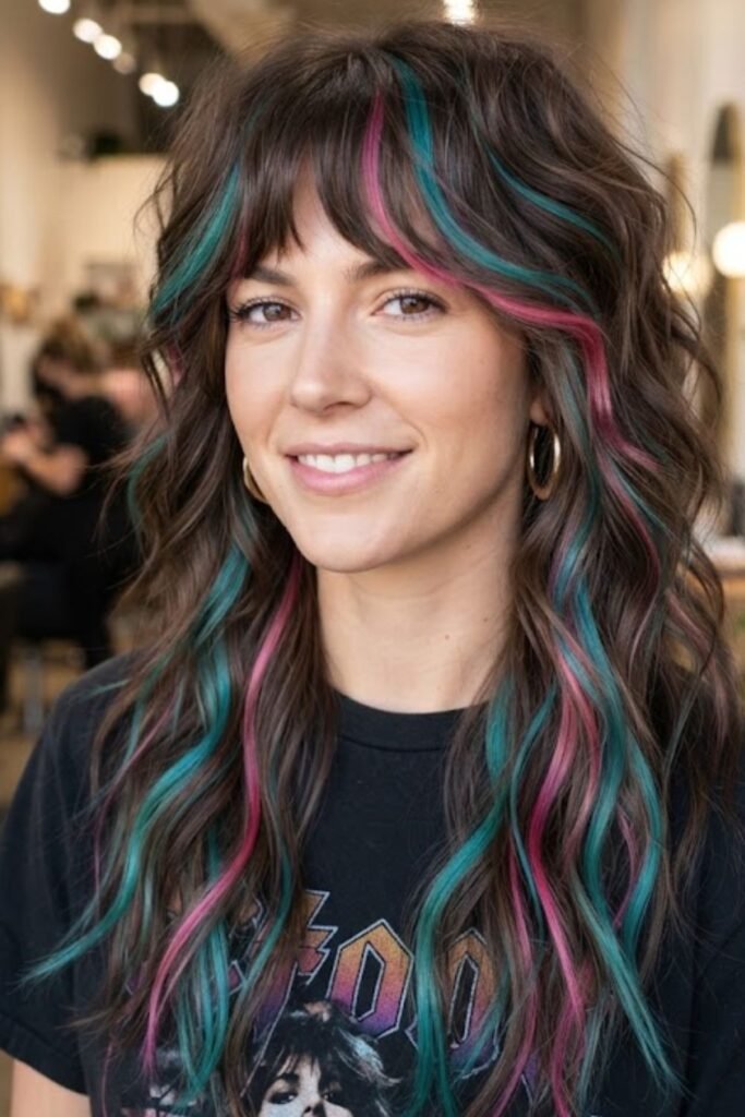 Wavy grown-out blonde shag with teal and pink streaks through the layers