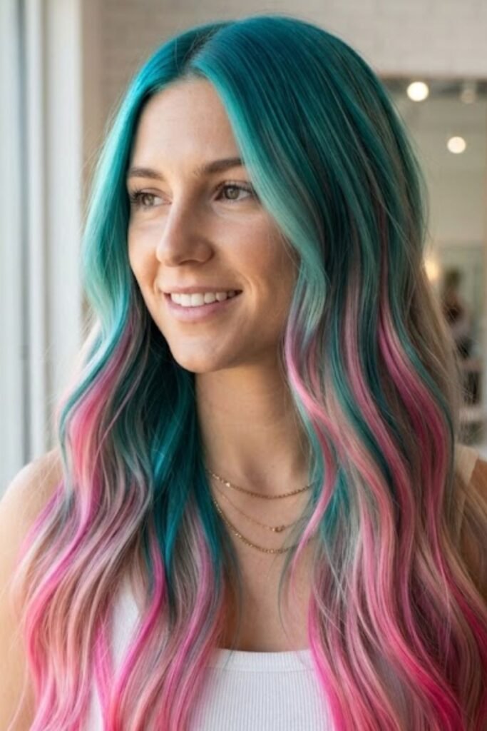 Long blonde hair with streaks that fade from teal to pink