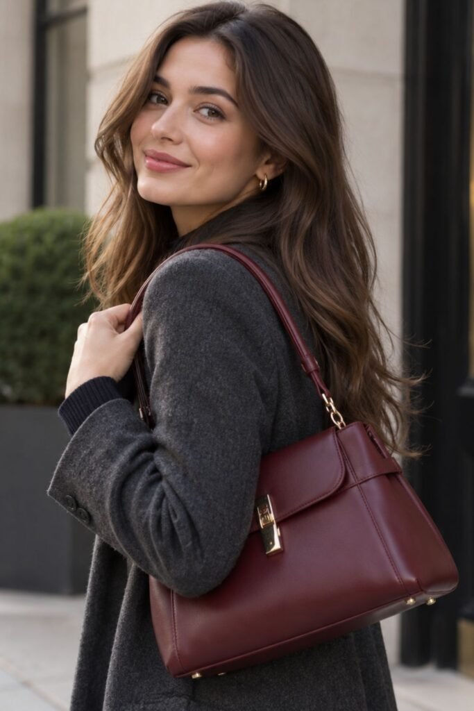 Burgundy leather everyday handbag styled with neutral winter clothing