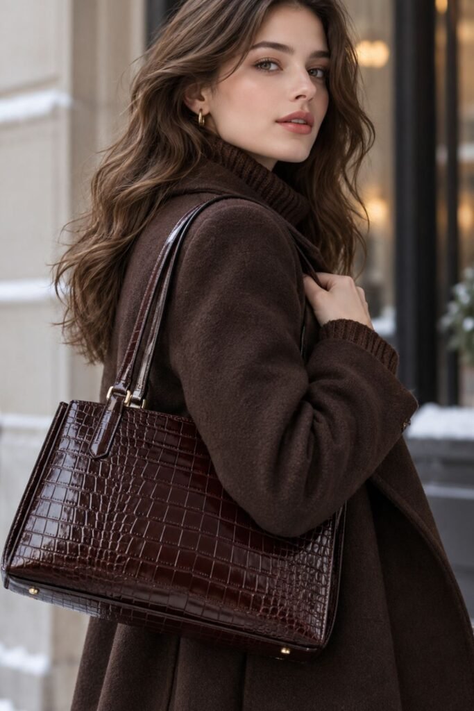 Croc-embossed leather handbag in a deep brown shade